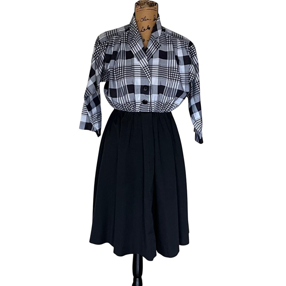 Vintage 60s 70s Black White Plaid Top Solid A-Line Bottom Shirt Dress Pockets S